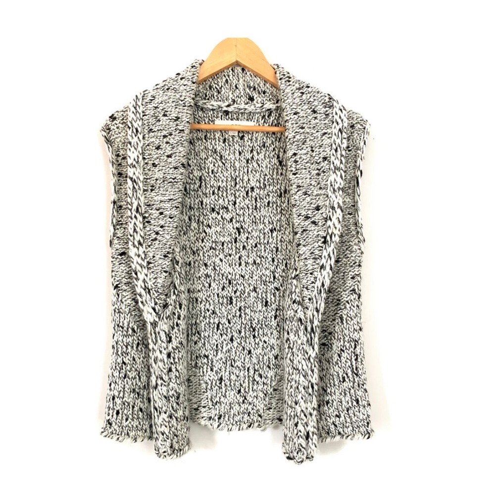 LOFT Black White Marled Chunky Knit Mohair Wool Cardigan Vest Sweater